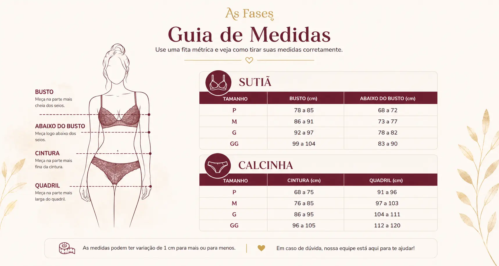 Tabela de medidas de sutiã e calcinha para os tamanhos P, M, G e GG