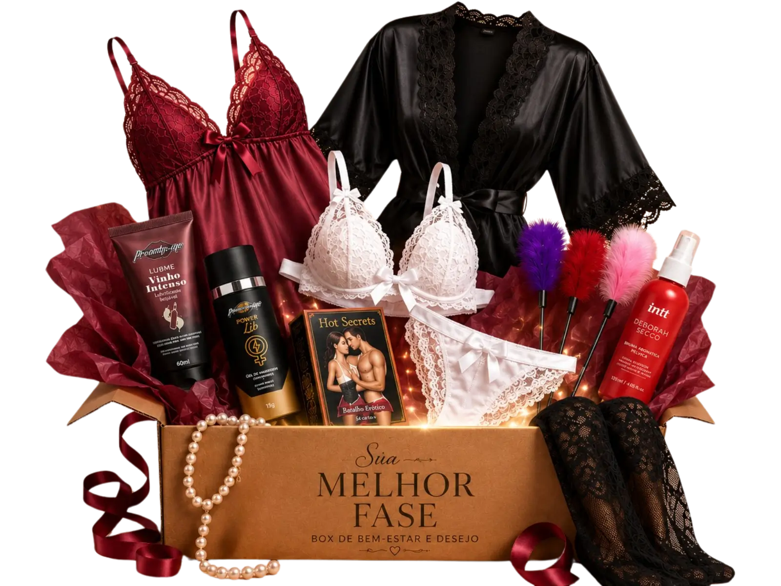 Caixa Sua Melhor Fase com lingerie, robe, cosméticos e acessórios